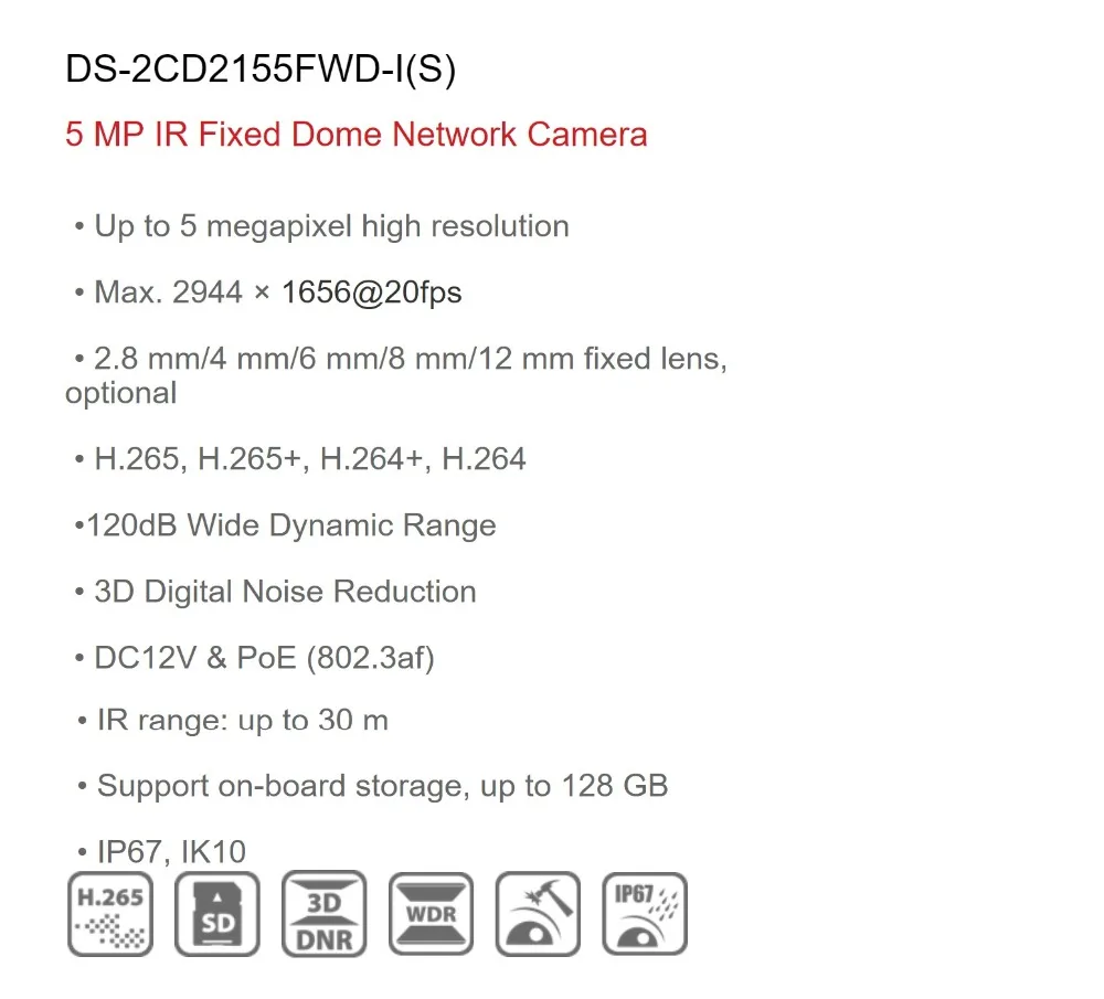 Hikvision 5MP видео Камеры Скрытого видеонаблюдения DS-2CD2155FWD-I 5MP купольная IP CCTV Камера H.265 IP67 1K10 на борту безопасности хранения Камера