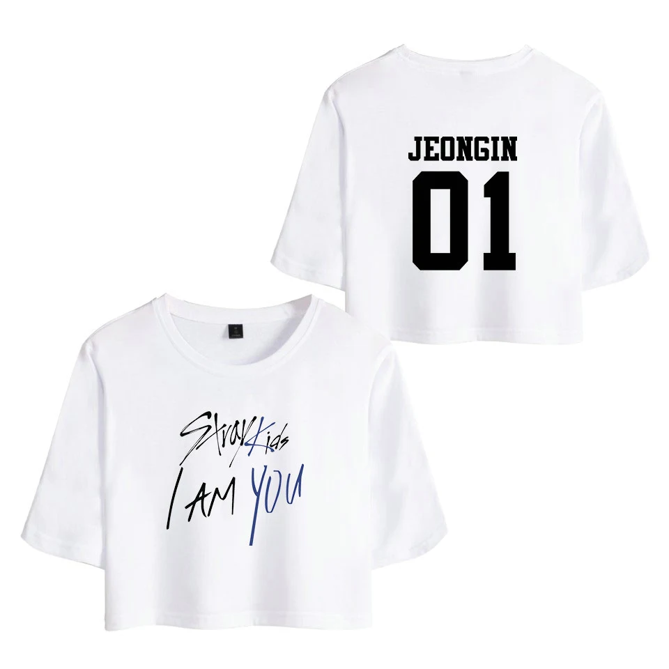 KELUOXIN Kpop StrayKids футболка с коротким рукавом I am YOU Album Crop Tops Женская Хип-хоп сексуальная открытая детская футболка с пупком - Цвет: White JEONGIN 01