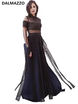 

High-end Custom 2019 Newest Women Turtleneck High Waist Slit Long Sleeve Chiffon Lace Patchwork Long Dresses Runway Dress
