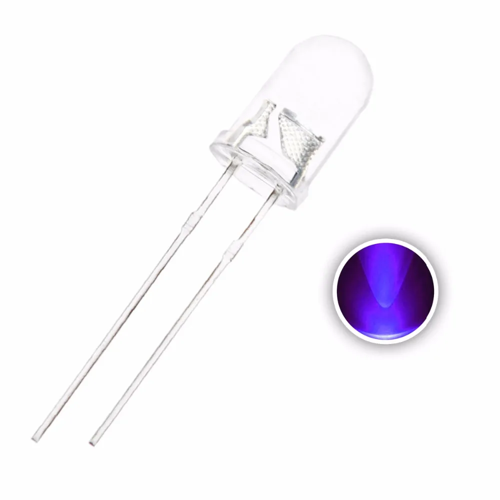 100 шт. 5 ММ ультрафиолетовый 395nm 400nm УФ светодиодный светильник с диодом 20 мА 5 мм(ультрафиолетовый фиолетовый 5 мм круглый прозрачный объектив
