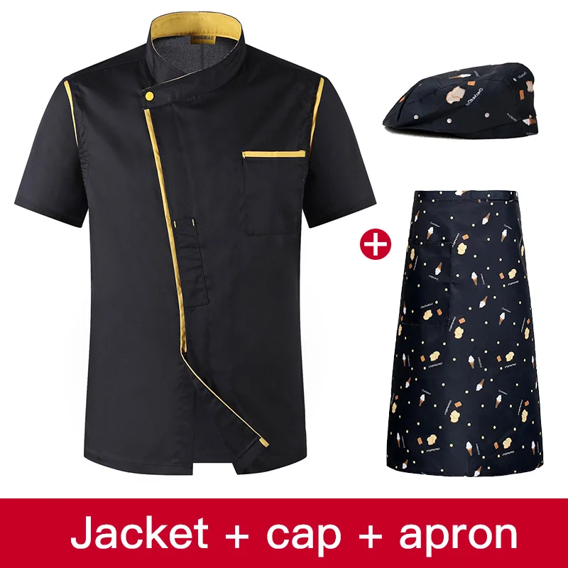 4-цветная Лето шеф-повар куртка кухонная выпечка шеф-повар униформа с коротким рукавом сетки воздухопроницаемые комбинезоны шеф-повар куртка и головному убору при+ фартук - Цвет: jacket  apron cap