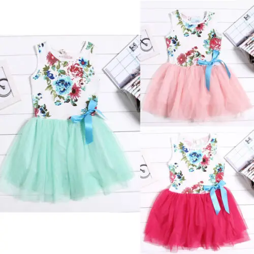 

2019 New Casual Baby Girls Dress New Summer Sleeveless Party Flowers Print Floral Tops Bow Tulle Tutu Dresses Sundress 1-5Y