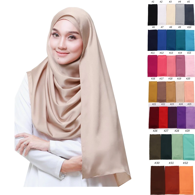 Высокое качество женский Шелковый матовый атласный шарф простой Малайзийский мусульманский хиджаб шаль Tudung платок Большой Длинный Пашмины шарфы платок