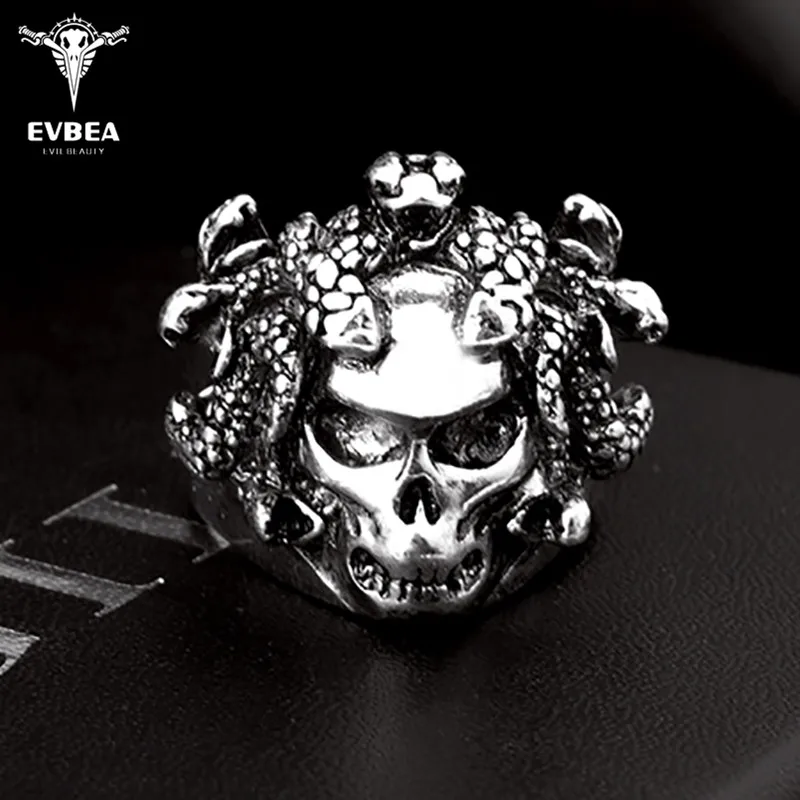 

EVBEA Halloween Men Biker Ring 316L Stainless Steel Rings Viking Punk Double Skull Skeleton Ring Gothic Punk Rock Jewelry