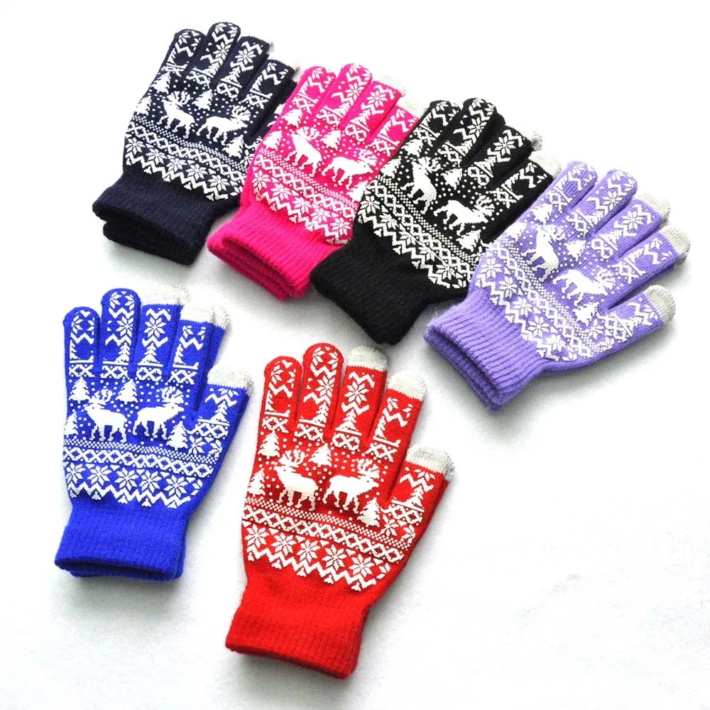 Рождественские перчатки унисекс для мужчин и женщин, зимние теплые вязаные варежки с принтом лося, милые классические перчатки с пятью пальцами# LR2