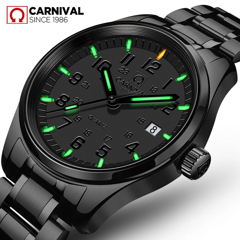 Relogio masculino Original Carnival Fashion Tritium self Luminous Watch Men Top Brand Quartz men Watches calendar Waterproof carnival ultrathin tritium self luminous analog quartz watch men watch with sapphire waterproof fashion casual relogio masculino