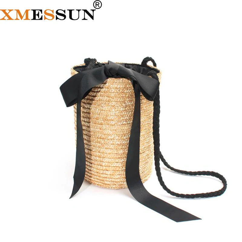 

XMESSUN Beach Bag Round Straw Totes Basket Bucket Bag Summer Bags Women Handbag Braided 2018 New High Quality Rattan Bag