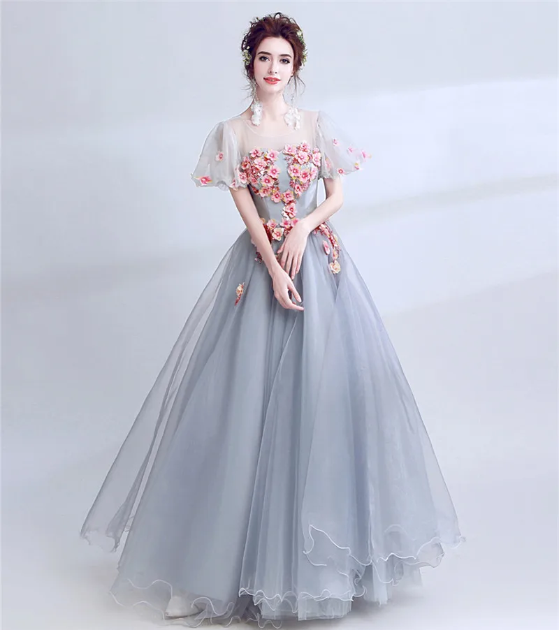 A-line Short Sleeve Tulle 3D Flowers Appliques Pearls Long Elegant Evening Dresses Bride Banquet Party Prom Dress XK55 A-line Short Sleeve Tulle 3D Flowers Appliques Pearls Long Elegant Evening Dresses Bride Banquet Party Prom Dress XK55