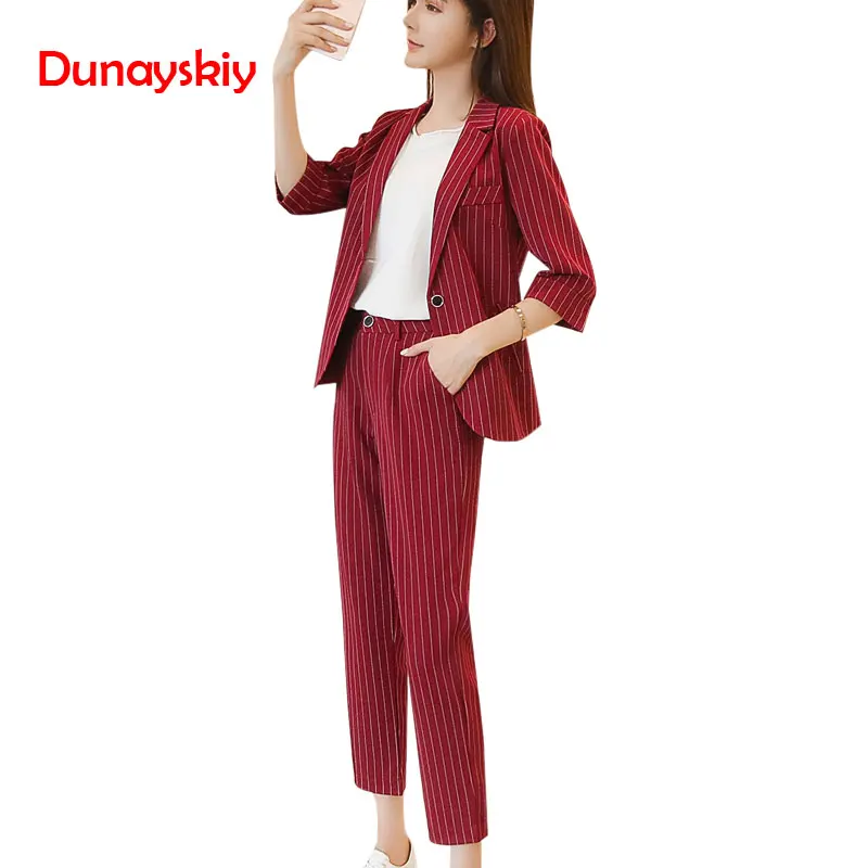 

Work Pant Suits OL 2 Piece Sets Double Breasted Striped Fashion Blazer Zipper Trousers Suit For Women Set Feminino Spring
