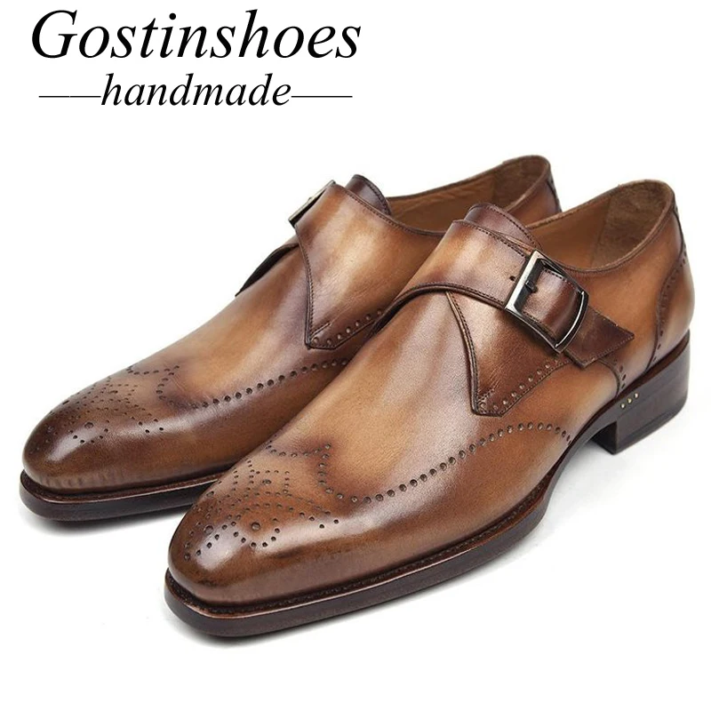 

GOSTINSHOES HANDMADE Goodyear Welted Men's Formal Derby Shoes Single Buckle Strap Genuine Leather Brown Blue Green Toe SCT09