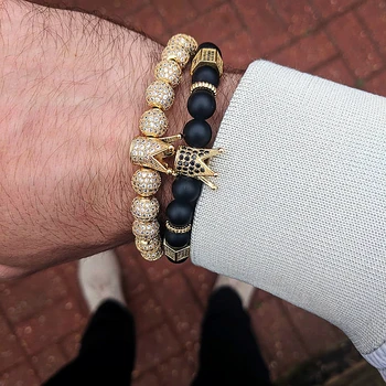 

Mcllroy Men's Jewelry Bracelet Charm Black Stone Bracelet Micro-inlaid Zircon Crown and Matte Beads Charm Bracelet Women Gift