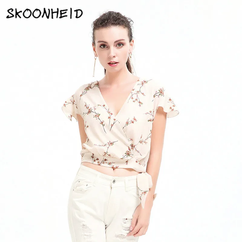 chiffon v neck floral printed short sleeve short sleeve t shirts