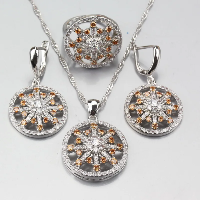 

Cheerful Round Hollow Brown Zircon Earrings Pendant Necklace Ring For Women 5-Color 925 Sterling Silver Jewelry Sets