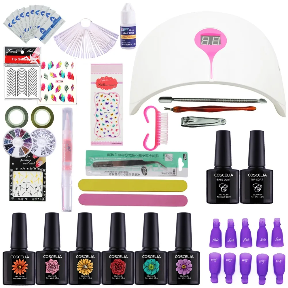

Nail Art Manicure Tool 24w Led Lamp + 6 Color 10ml Uv Led Gel Base Top Coat Polish With French Tip Remover Practice Set File Kit