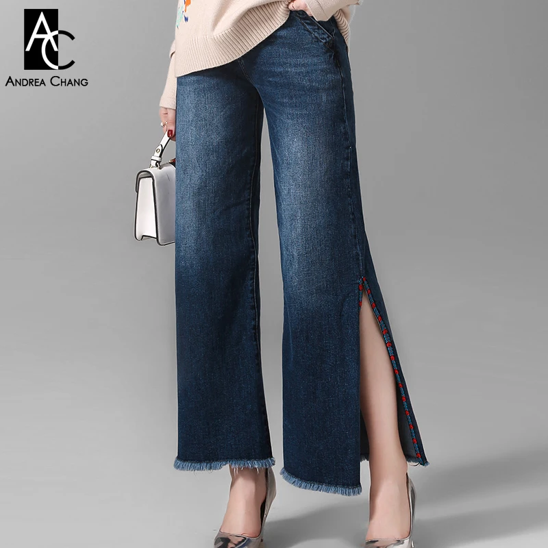autumn spring woman pants jeans dark blue denim pants with