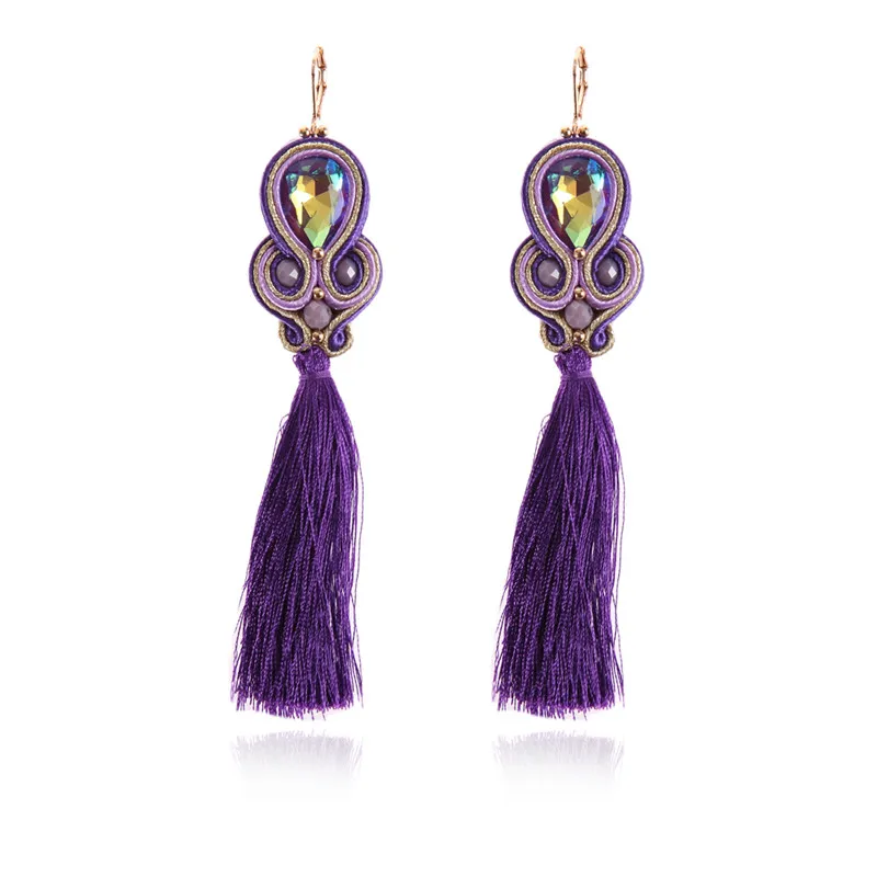KPacTa, модные Сутажные серьги ручной работы с длинной кисточкой, этнические ювелирные изделия для женщин, популярные аксессуары с кристаллами, серьги-капли Oorbellen - Окраска металла: purple