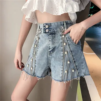 

Denim Shorts Women Summer High Waist Loose Raw Beads Bead Tassels Wild Denim Shorts 2019 Personality Casual Shorts Female TTT141