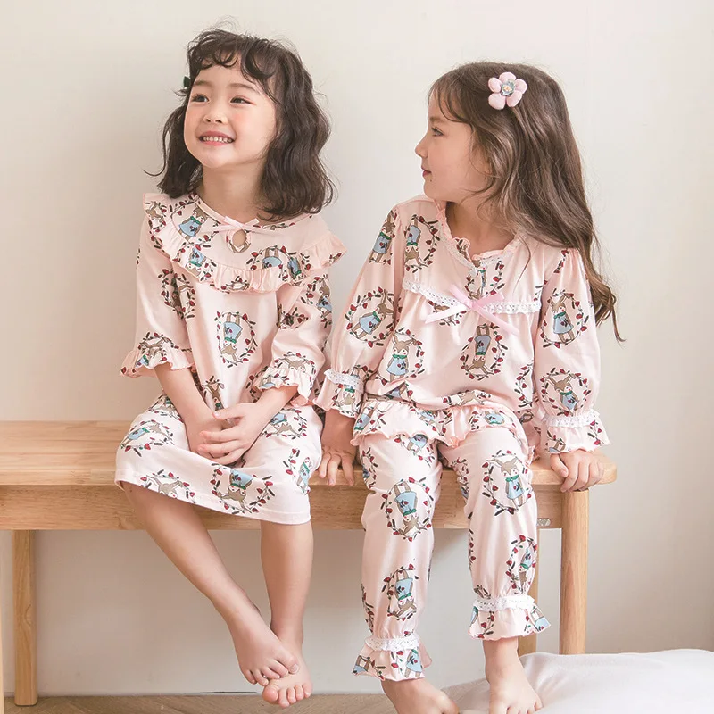 New Autumn Girl Pajama Set Kids Home Clothes Girls Pyjamas Cotton Long Sleeve Ruffle Cute for Children Princess Retro Sleepwear
