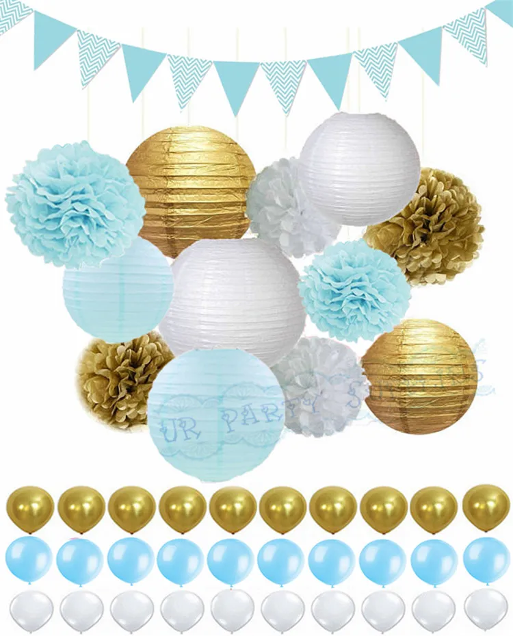 1 Set Baby Blue White Gold Tissue Paper Pom Pom Paper Lanterns for Frozen Themed Party Bridal Shower Boy Baby Shower Decoration 1 Set Baby Blue White Gold Tissue Paper Pom Pom Paper Lanterns for Frozen Themed Party Bridal Shower Boy Baby Shower Decoration