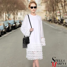 New European Women Spring Black White Solid Dress O-Neck Full Sleeve Casual Knee Length Woman Vestido Fashionable Style 2211
