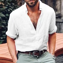 INCERUN 4XL мужские белые рубашки с длинным рукавом на лето и осень, пляжные повседневные рубашки с отложным воротником, рубашки для мужчин, одноцветные