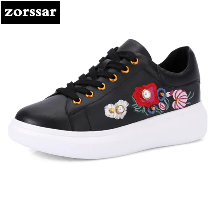 

{Zorssar} 2018 New Spring fashion Embroidery Flowers Genuine Leather Women sneakers Casual Flats Walking shoes student shoes