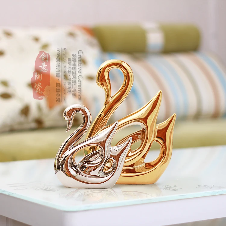 

decoration art gift craft Luxury fashion ceramic home crafts modern fashion gold plated silver lovers swan