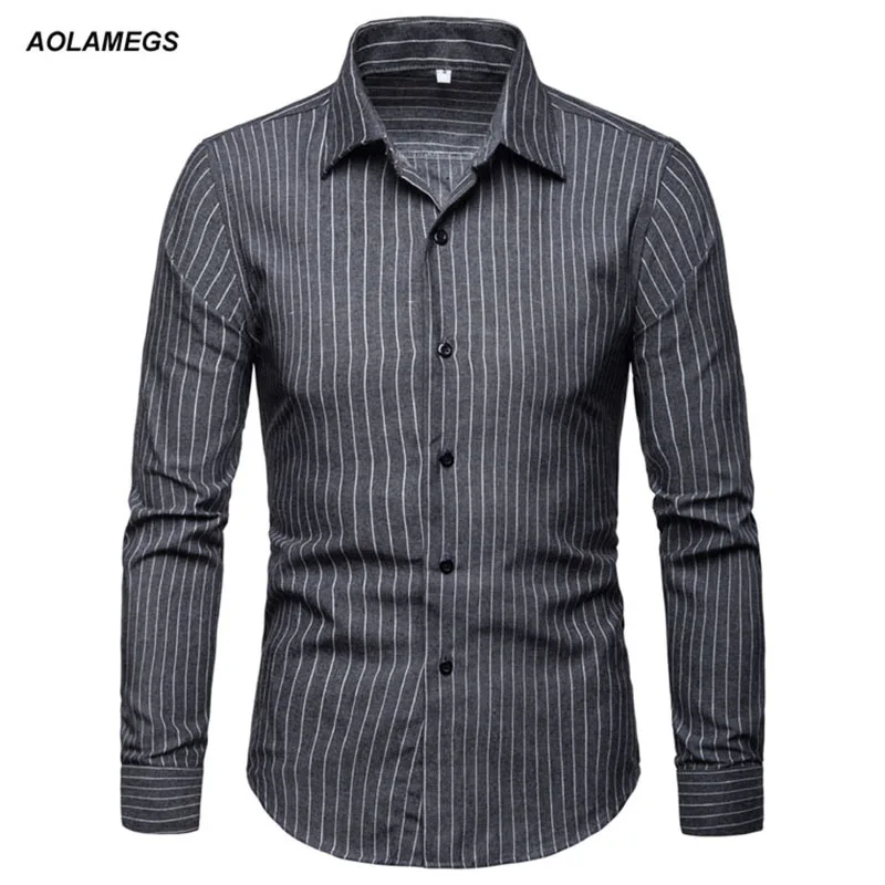 Aolamegs Men Shirts Striped Male Simple Shirts Thin Long Sleeve Shirt