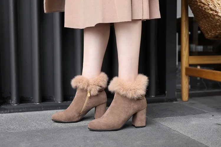 Womens Pointed Toe Booties Shoes Korean Bow Thick High Heel Large Size Fashion Ankle Boots Black Khaki Grey14