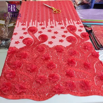 

Rhinestones African 3D Net Lace Fabric With Beads High Quality Red Color 3D Applique Nigerian Embroidery Guipure Mesh Beads Lace
