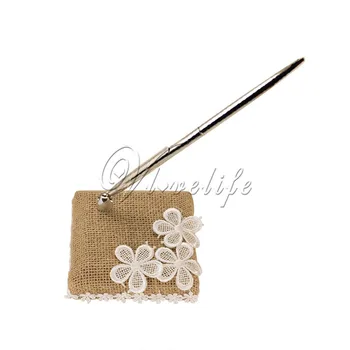 

Rustic Wedding Pen Set Handmade Burlap Pen & Pen Holder Stand With Lace Flowers For County Wedding Event Party Decor