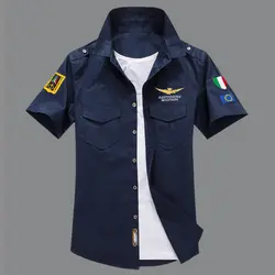 Мужская Новинка 2018 года поступление Slim Fit Aeronautica рубашки для мальчиков Военная униформа Стиль эполет вышивка короткий рукав Летняя рубашк