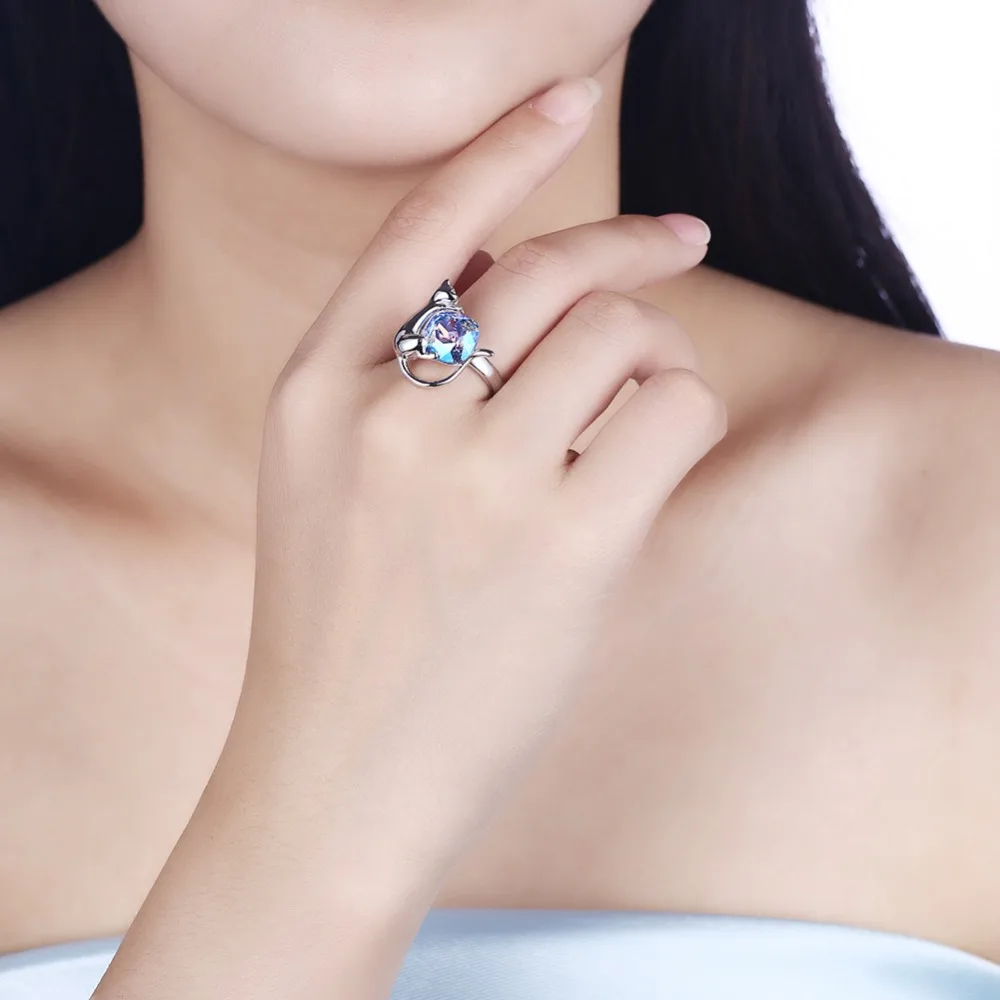 Прекрасный Кот Кристалл от Swarovski Ювелирный Набор 925 серебро милое ожерелье Синие стразы кольцо для женщин Подарки на годовщину
