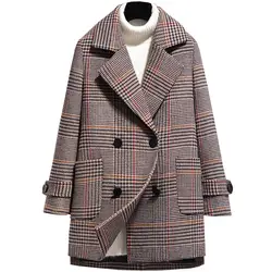 Мода плед шерстяное пальто для женщин 2018 осень зима высокое качество шерстяные куртки плюс размеры женский двубортный ветровка 2623