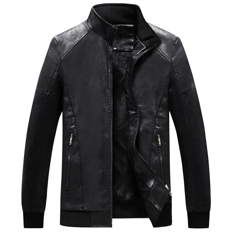 Высококачественная черная кожаная мужская куртка, зимняя новая бархатная куртка из искусственной кожи, Мужская Повседневная ветровка с воротником-стойкой, верхняя одежда 7XL - Цвет: Black
