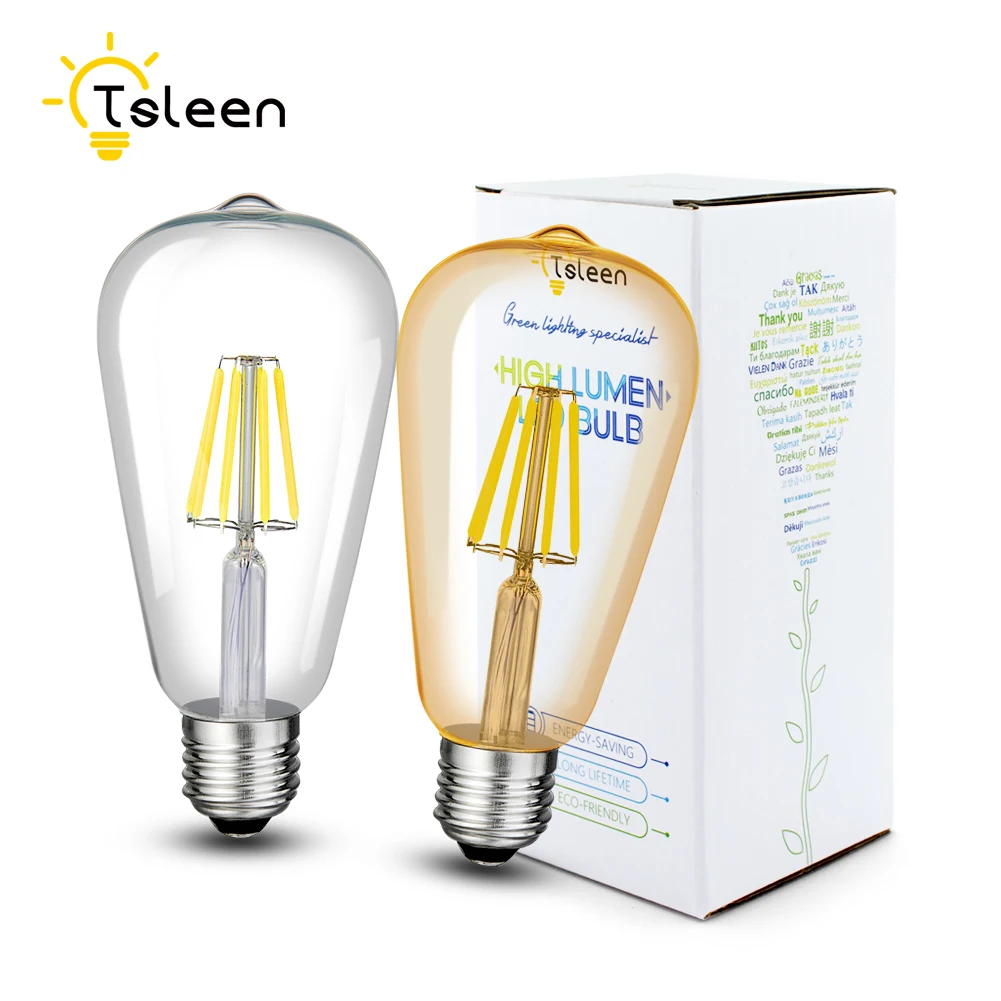 Goedkoop TSLEEN LED Filament Dimbare Lamp E26 220 v 110 v ST64 Retro Edison Gloeilamp 16 w Lamparas Led E27 gouden Glas Shell Globe Lampen