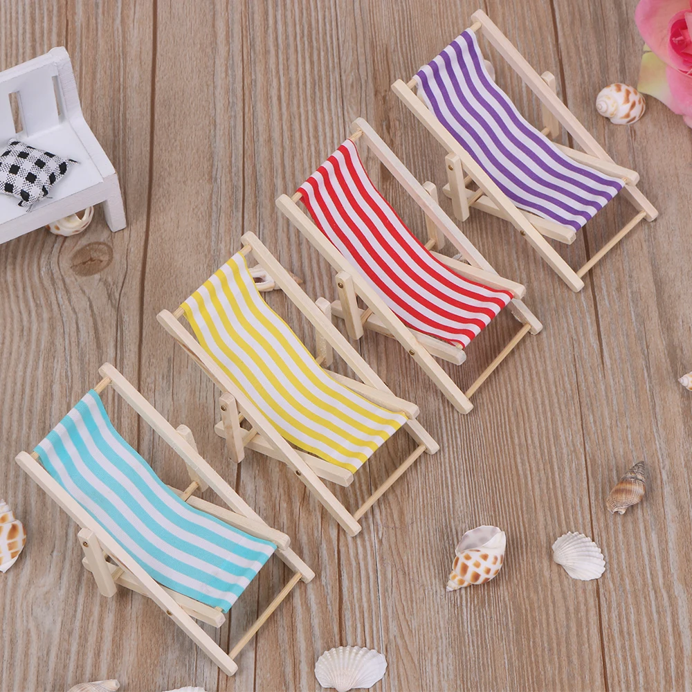 

Christmas Gift Wooden Striped Lounge Chair for 1/12 Dollhouse Miniature Furniture Folding Stripe Deck Beach Chair Kids Girls Toy
