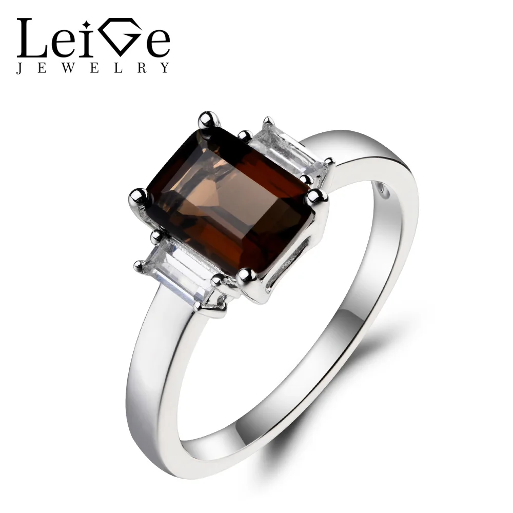 Leige Jewelry Engagement Ring Real Natural Smoky Quartz Ring Emerald
