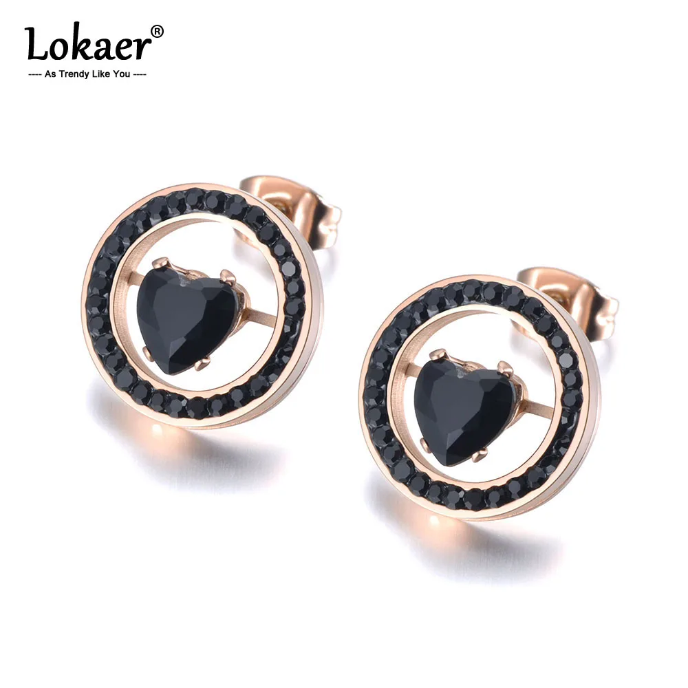 Lokaer нержавеющая сталь белый и черный глина стразы серьги гвоздики для женщин розовое золото Сердце CZ подарок на Рождество с кристаллами E19028