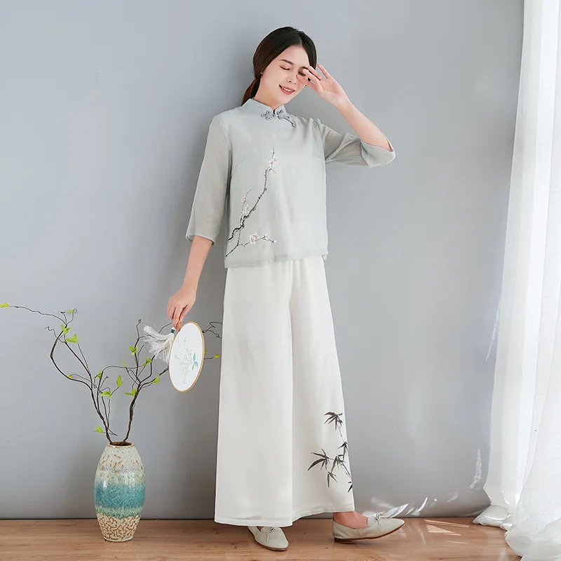 

Spring Summer New Tencel Bamboo Section Gray Shirt Elegant Fashion Improved Chinese Plate Button Tops