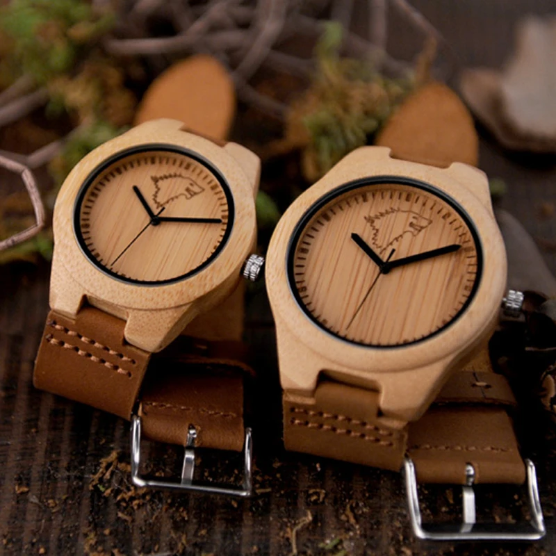 En Ligne BOBO BIRD Vente Chaude Hommes Femmes Montres En Bois Cerf Wapiti Loup Bambou Boîtier En Cuir Bande Montre À Quartz Marque Designer pour les amateurs OEM
