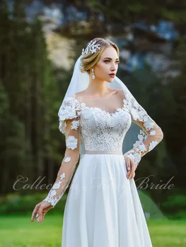 

A-line Lace Chiffon Informal Boho Beach Wedding Dresses Long Sleeves Sexy Sheer vestido de noiva Bohemian robe de mariee