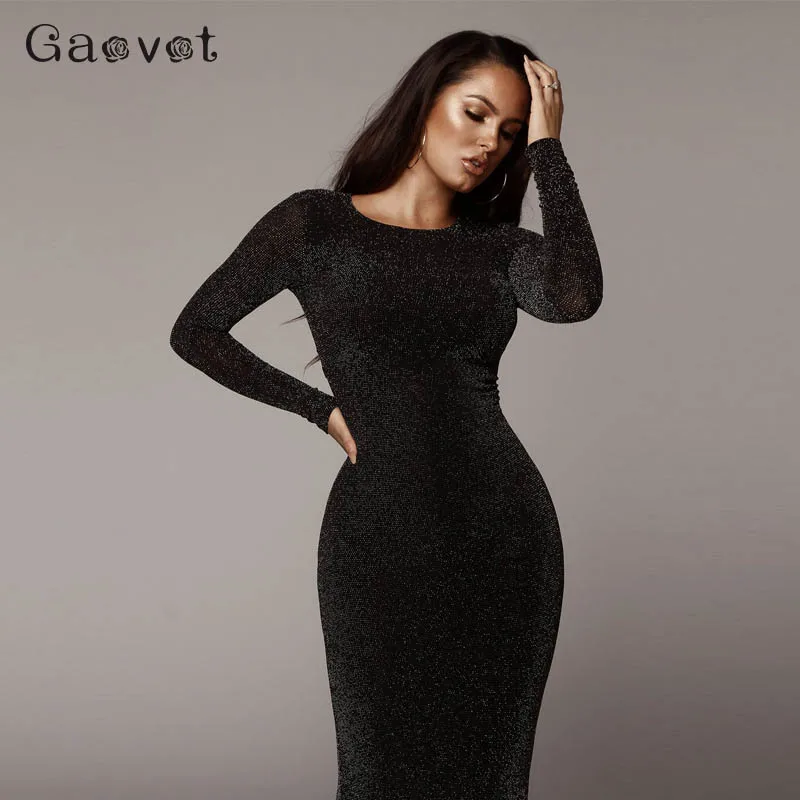 

2019 Summer Black Glitter Women Dress Long Sleeve Bodycon Pencil Midi Dress Plus Size Solid Sequin Elegant Party Vestidos