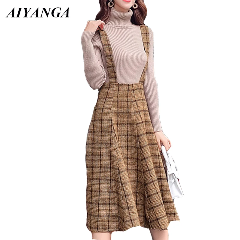 

2019 Autumn Winter Woolen Skirt For Women Fashion Strap Skirts High Waist Long Vintage Plaid Skirt Lace Up Female S M L XL