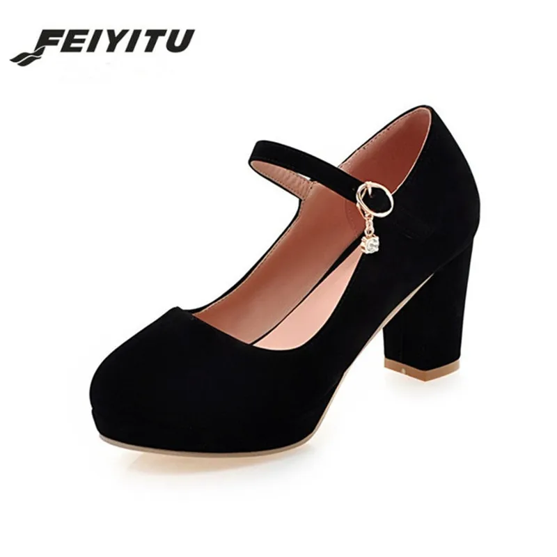 

Feiyitu Fashion Lady's Office Dress Mary Jane Shoes Flock High Heels Pumps Large Size Female 2018 Buckle Pumps Red Black Blue