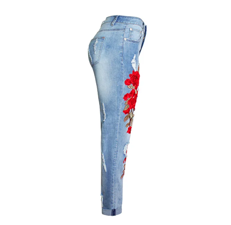 2017 Europe and the United States new women stretch loose jeans women trousers color flowers 3D stereo embroidery holes jeans (7)