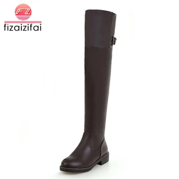 

Coolcept Women Thigh High Boots Winter Warm Fur Shoes Woman Buckle Flats Long Boots Fashion Round Toe Footwear Size 33-43