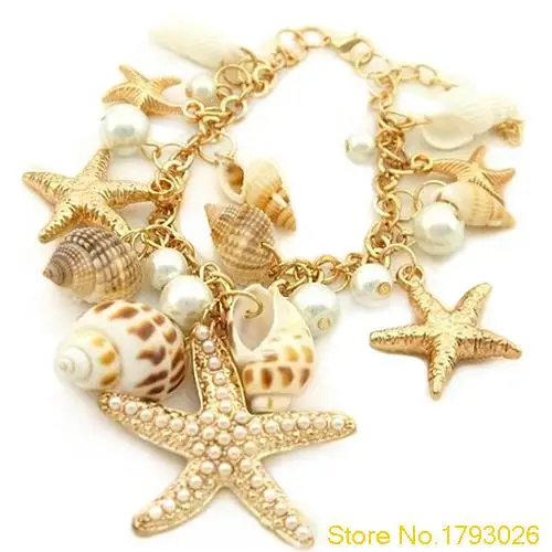 Ocean Style Multi Starfish Sea Star Conch Pearl Chain Beach Shell Bracelet Novelty Bangle 4TMR | Украшения и аксессуары