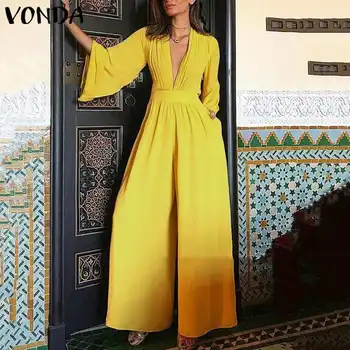 

2020 VONDA Women Jumpsuit Sexy Romper Casual 3/4 Flare Sleeve V Neck Playsuit Plus Size Wide Leg Pant Vintage Overalls Playsuit