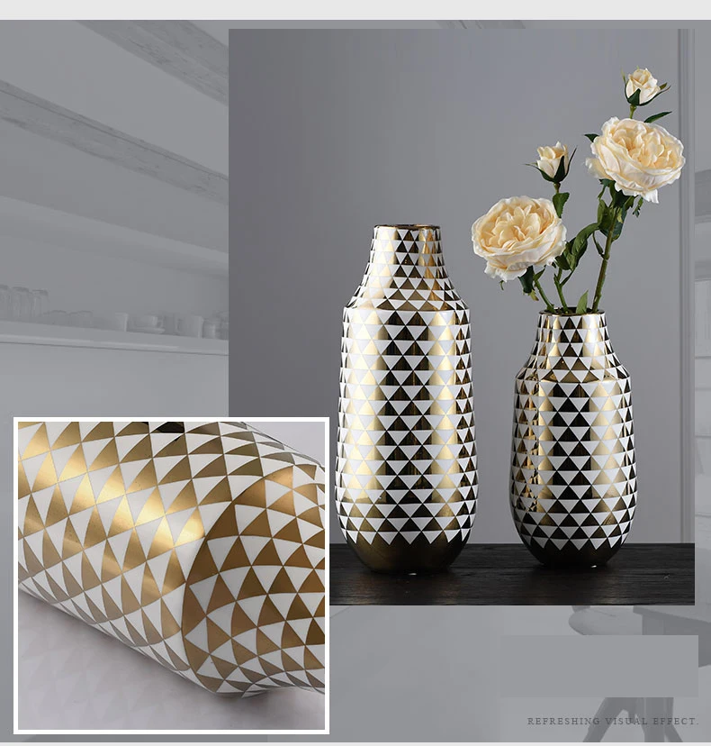 Позолоченная керамическая ваза с ромбовидным узором, Современная столешница для цветов, свадебные декоративные предметы интерьера, Дизайнерская ваза, домашний декор